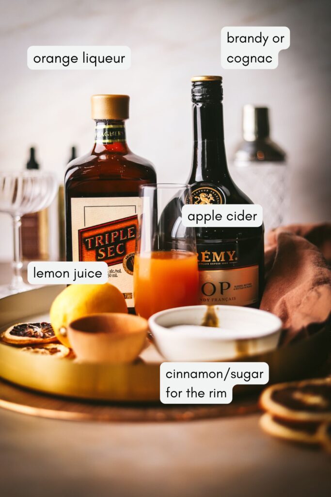 The ingredients for the apple sidecar cocktail, labeled. 